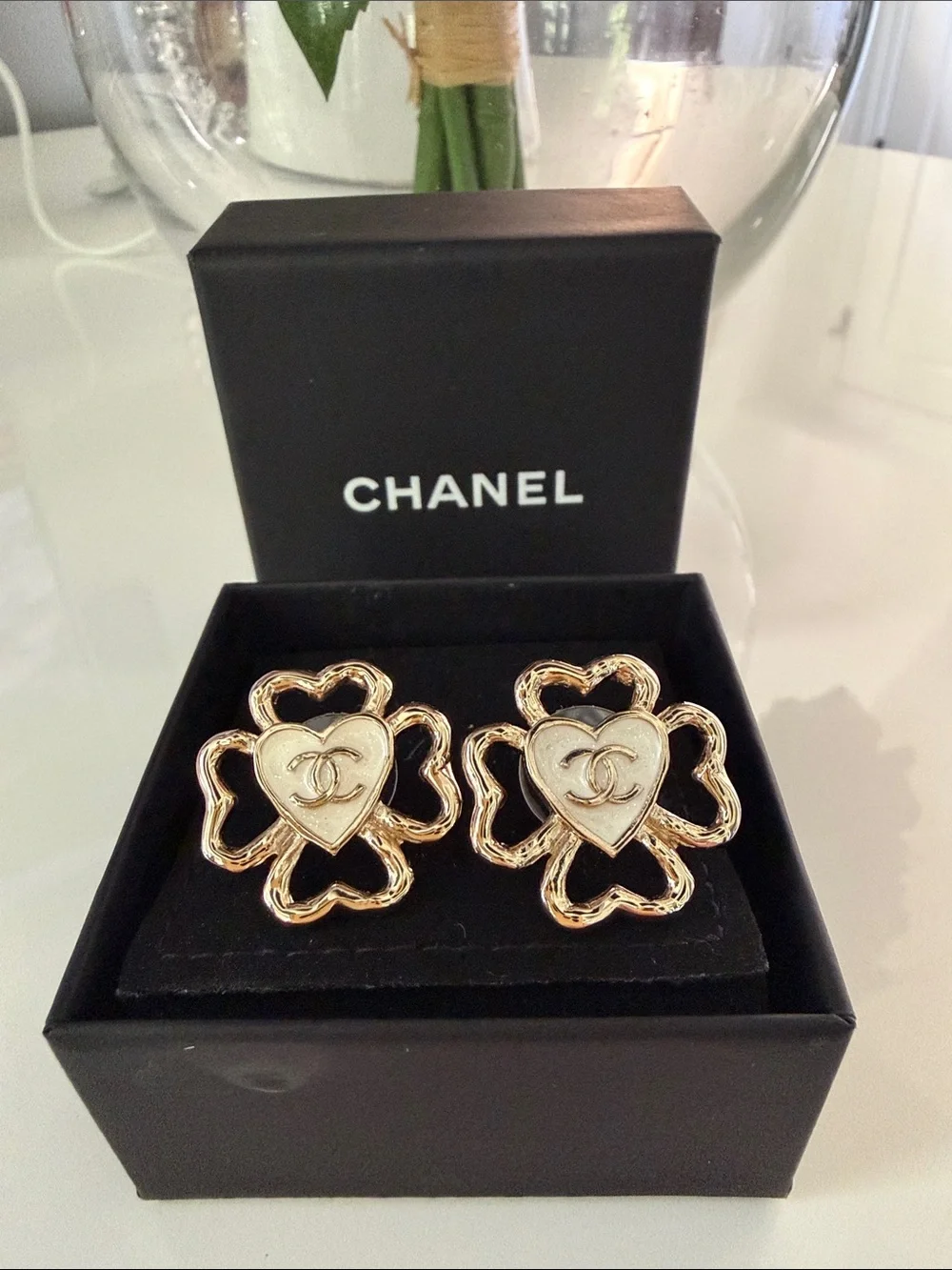 CHANEL Gold and Cream Heart Clover Earrings with CC Logo